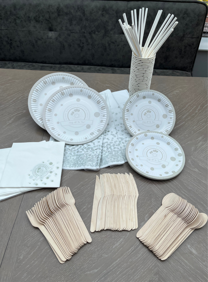 Disposable tableware 201 pcs - Premium SILVER / WHITE.