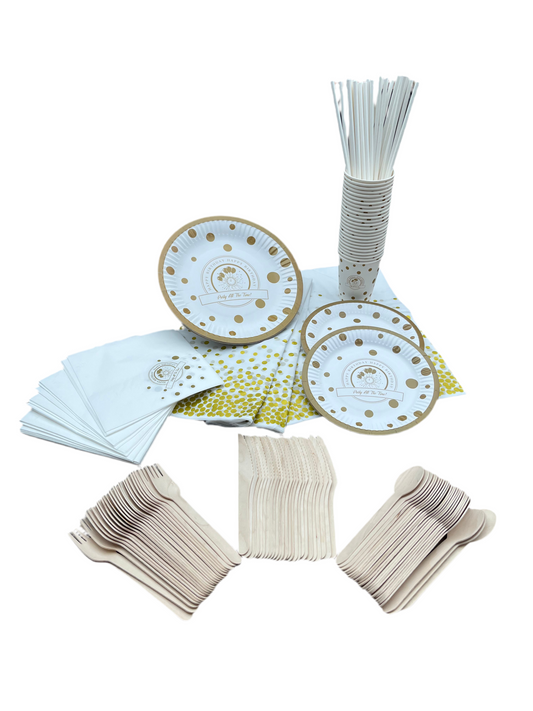 Disposable tableware 201 pcs - Premium GOLD / WHITE.