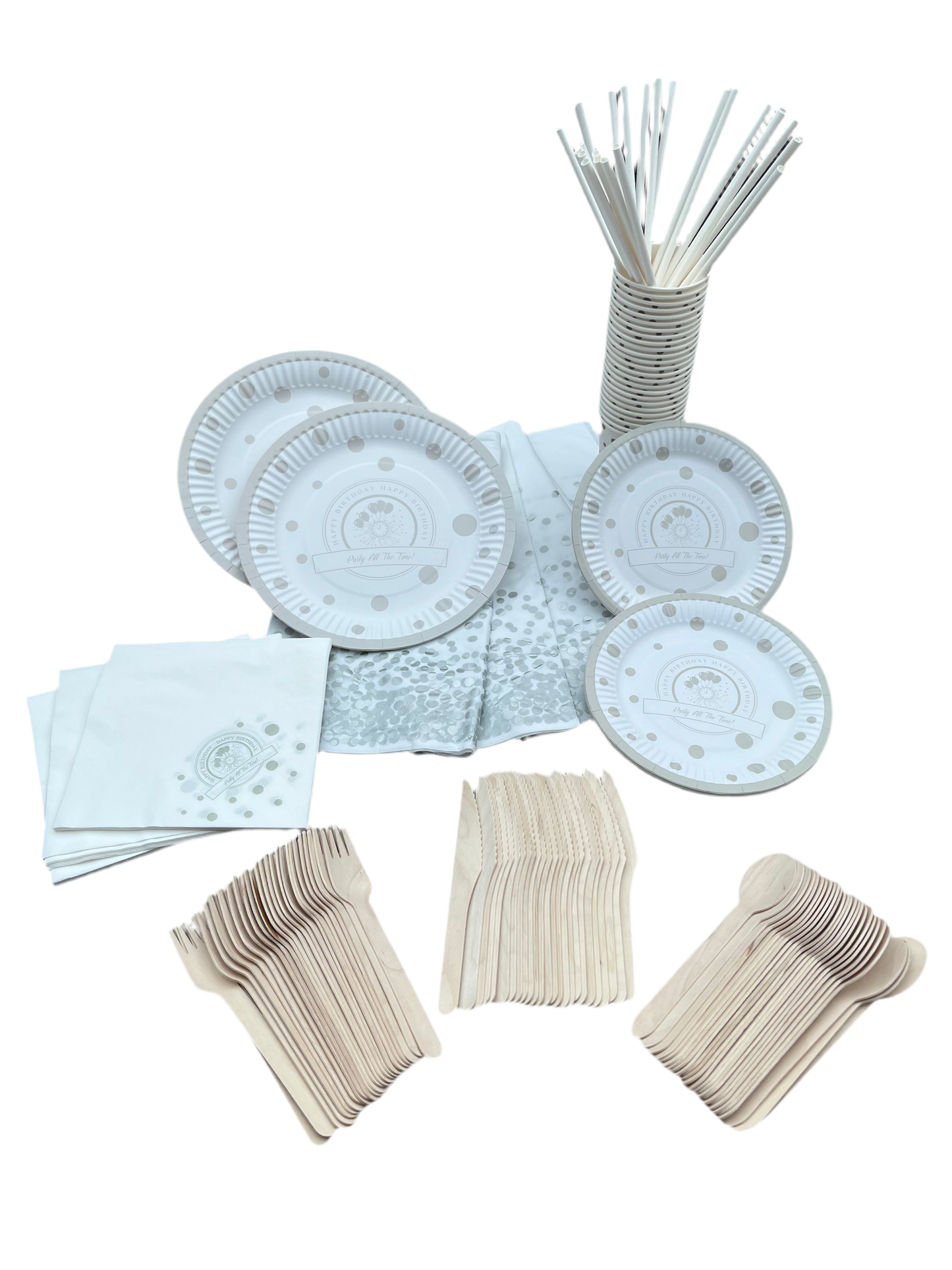 Disposable tableware 201 pcs - Premium SILVER / WHITE.