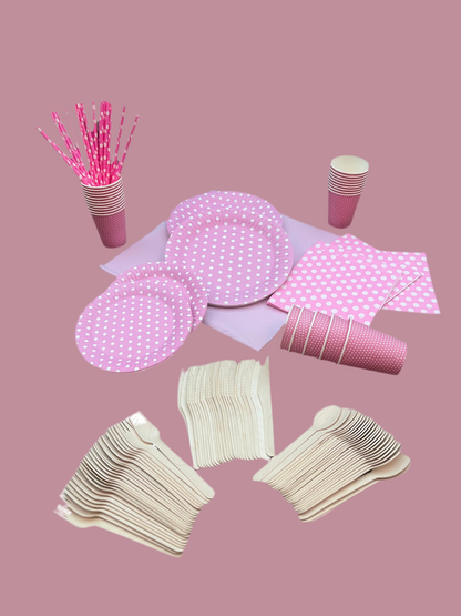 Disposable tableware 201 pcs - Polka Dots Pink.