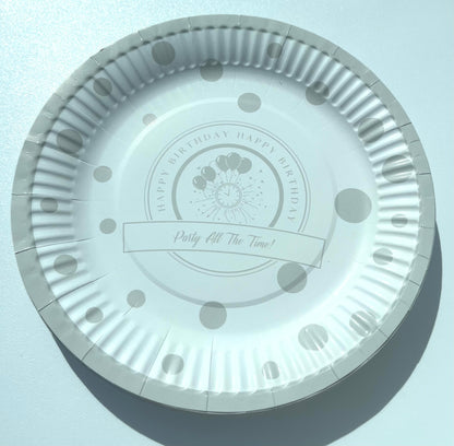 Disposable paper plate 7inch Happy Birthday SILVER Pack of 25pcs.